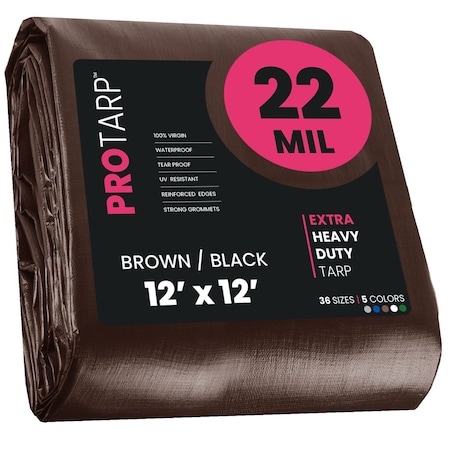 Protarp Heavy Duty Tarp, 12 ft x 12 ft, 22 Mil, Brown/Black, Polyethylene, Waterproof, Rip and Tear Proof PT-202-12X12